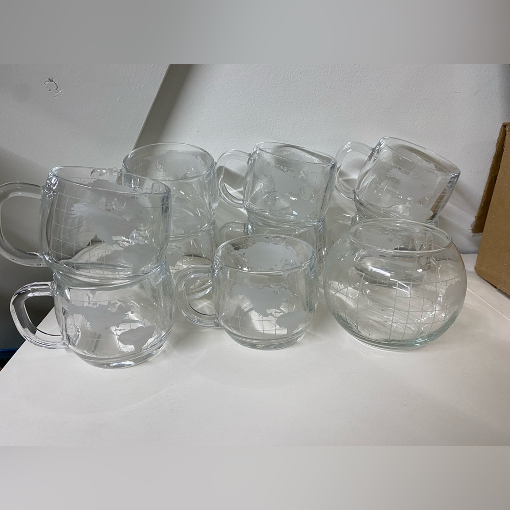 10pc set of clear glass etched globe mugs and sugar bowl like Nescafe/Nestle
